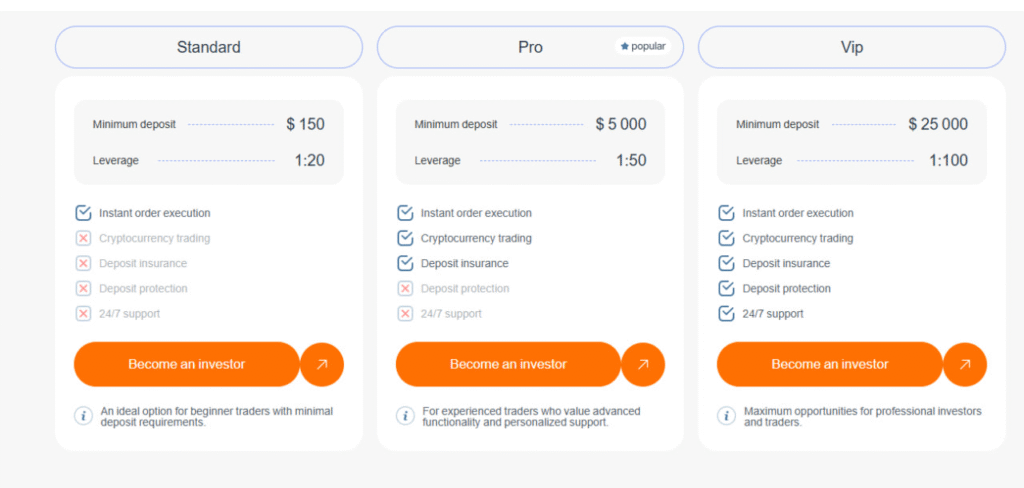 Website screenshot - tariff plans