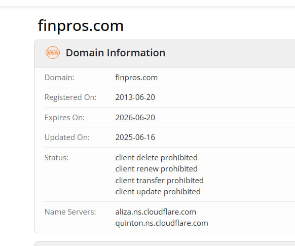 WHOIS data for the finpros.com domain