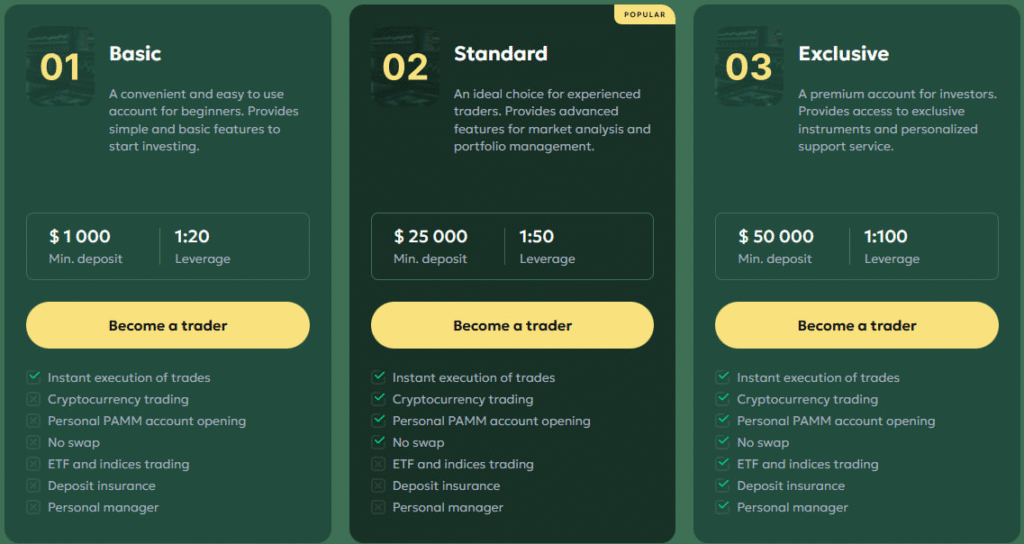Website screenshot - tariff plans 