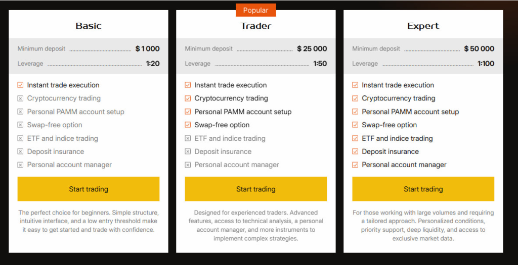 Website screenshot - tariff plans 
