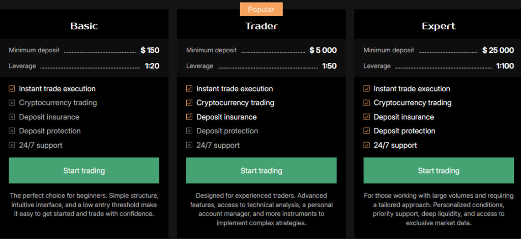 Website screenshot - tariff plans 