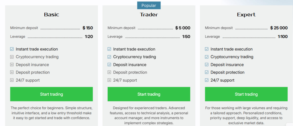 Website screenshot - tariff plans 