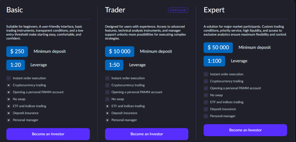 Website screenshot - tariff plans