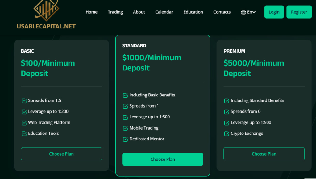 Website screenshot - tariff plans