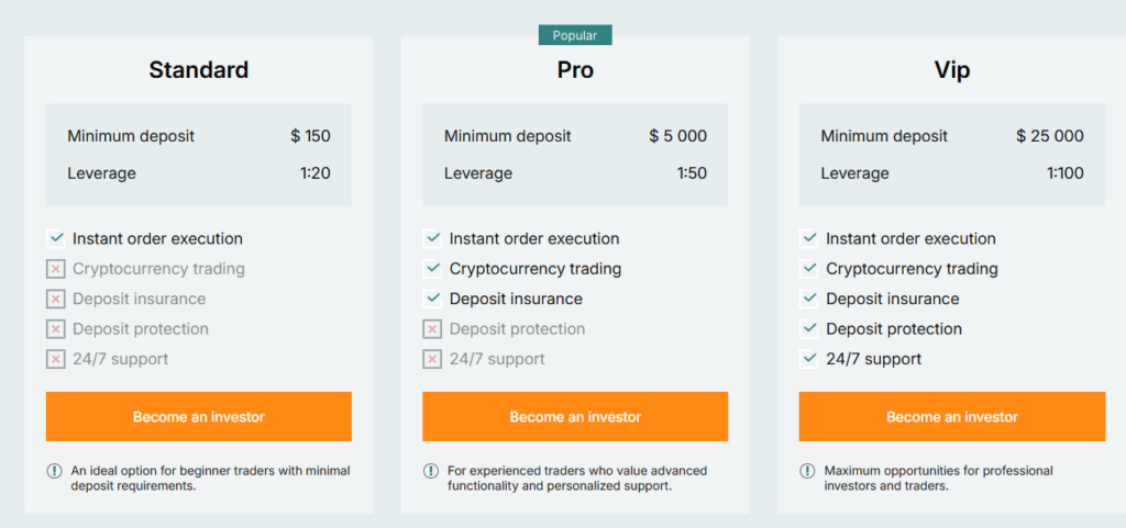 Website screenshot - tariff plans 