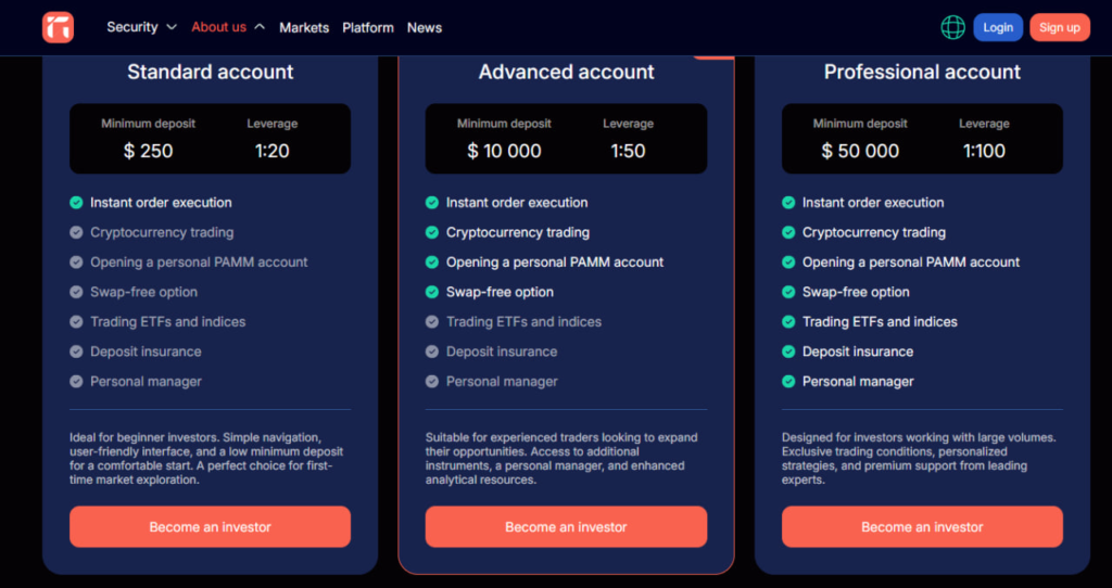 Website screenshot - tariff plans