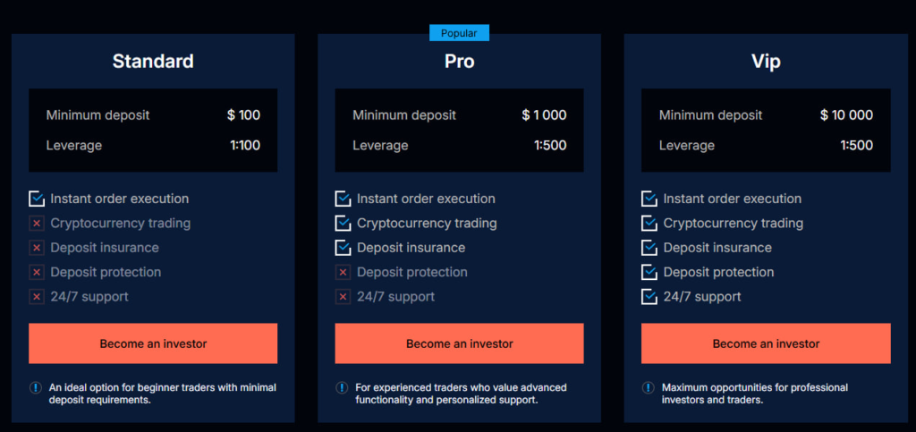 Website screenshot - tariff plans
