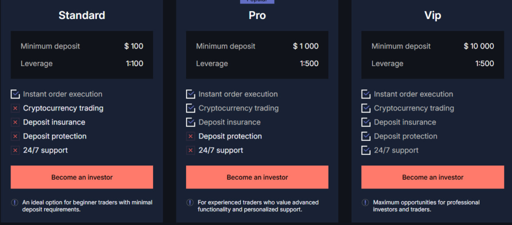 Website screenshot - tariff plans
