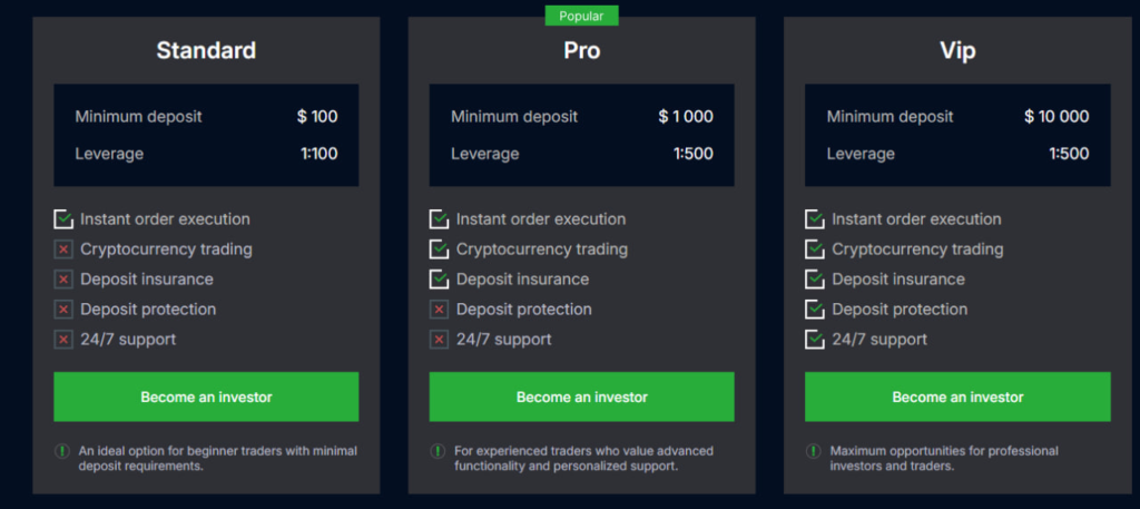 Website screenshot - tariff plans 