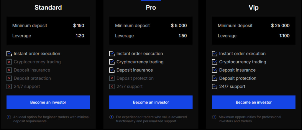 Website screenshot - tariff plans 