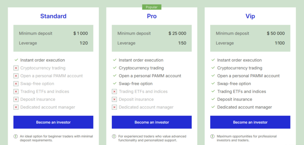 Tariff plans - screenshot from the website
