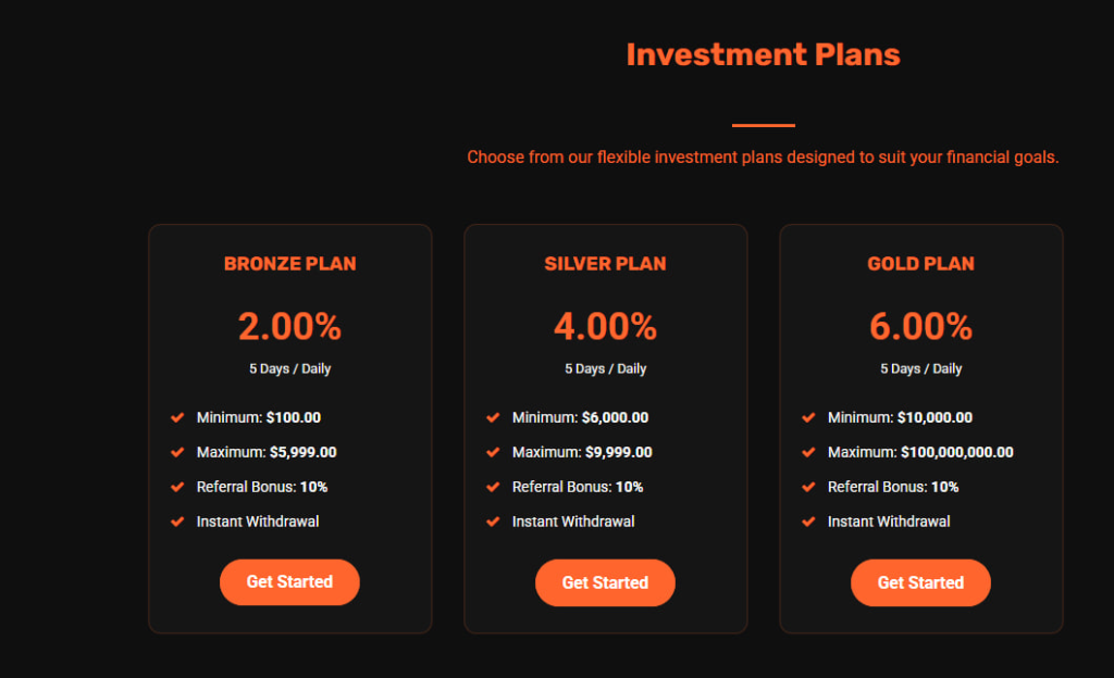 Tariff plans - screenshot from the website