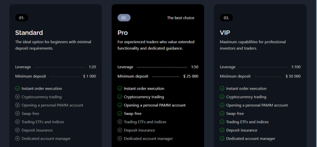 Tariff plans - screenshot from the website 