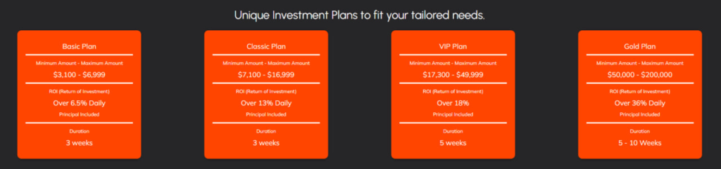 Tariff plans - screenshot from the website