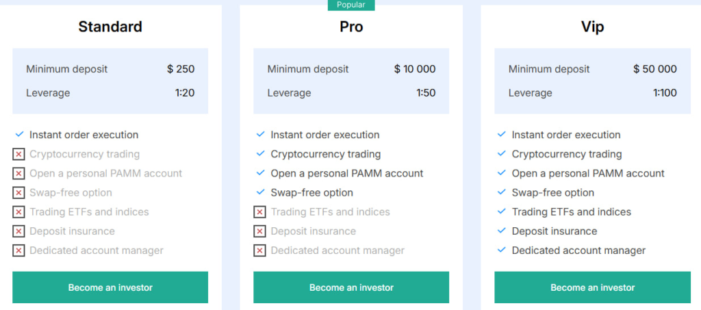 Tariff plans - screenshot from the website