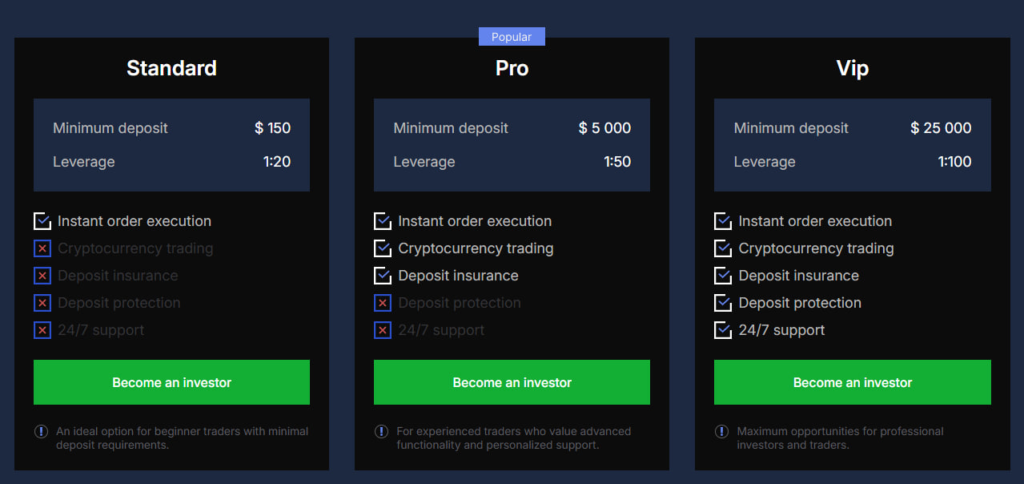 Tariff plans - screenshot from the website