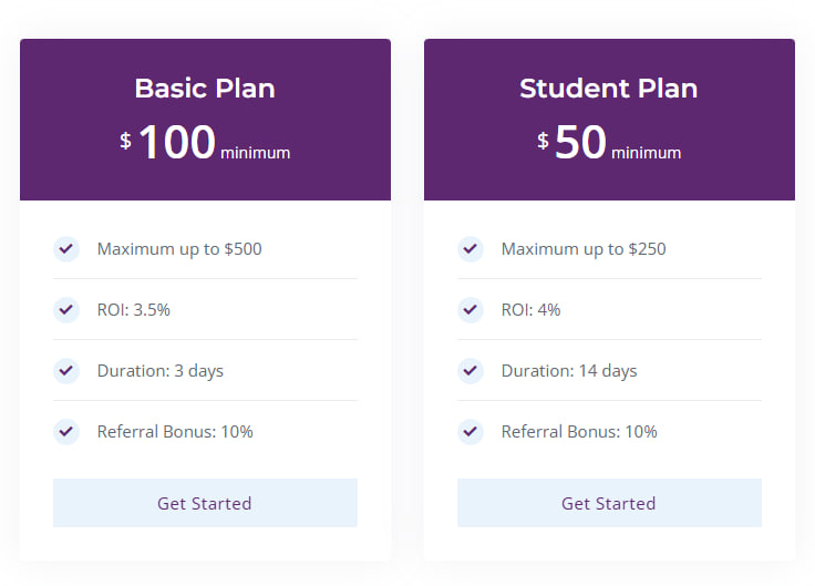 Tariff plans - screenshot from the website 
